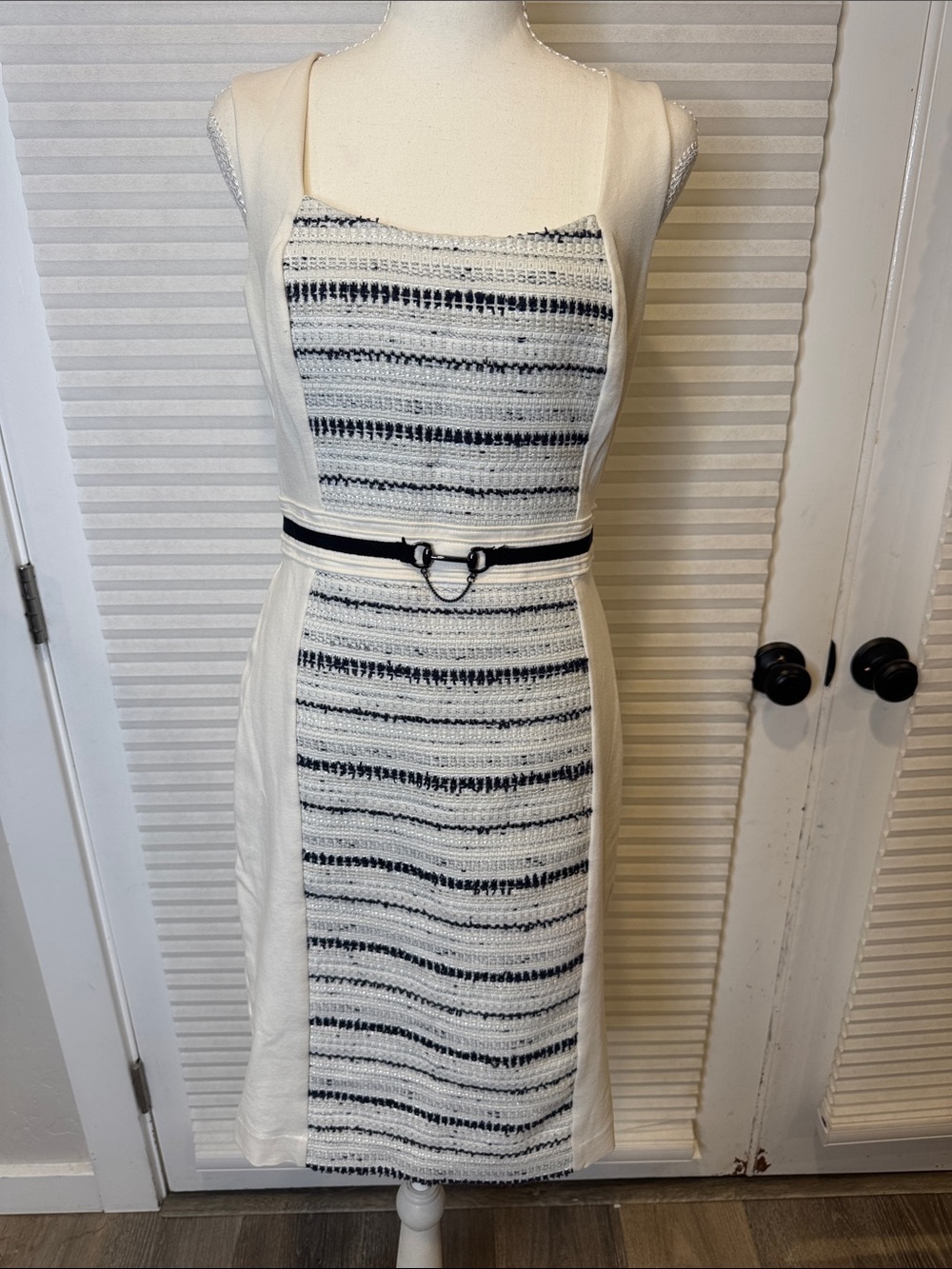 White House Black Market Ivory and Black Striped Midi Sheath Dress RG